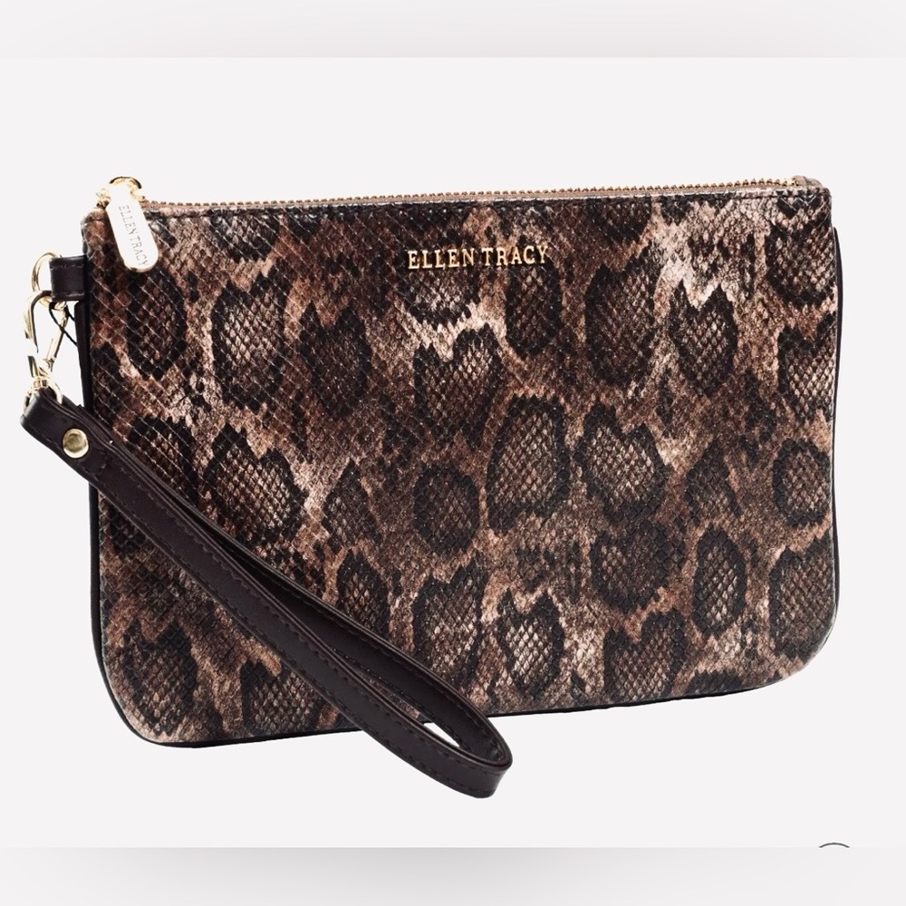 Ellen Tracy Python Wristlet Clutch with Gold Accents